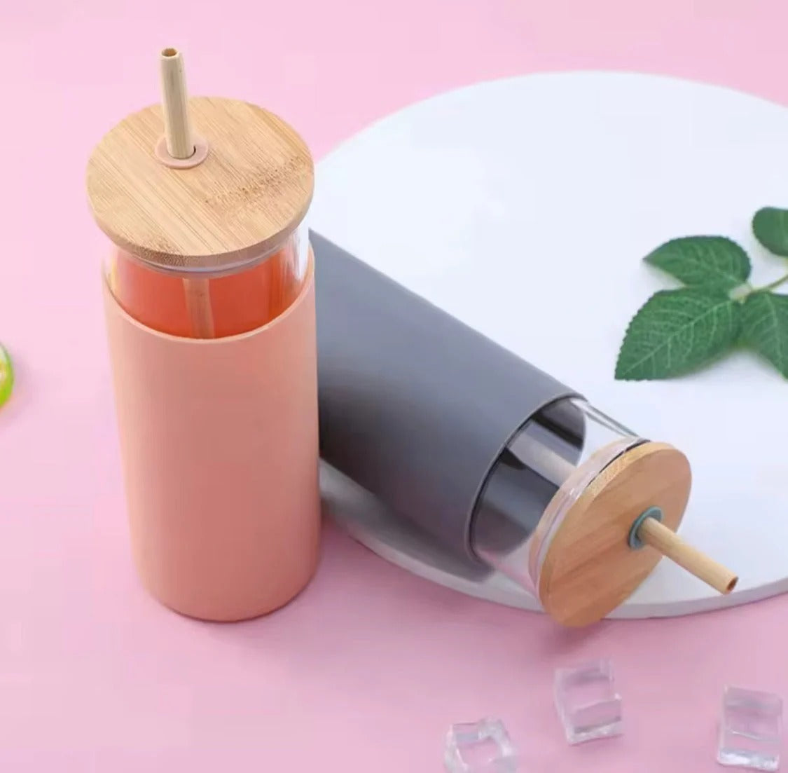 Glass Water Tumbler with Silicone Protective Sleeve Bamboo