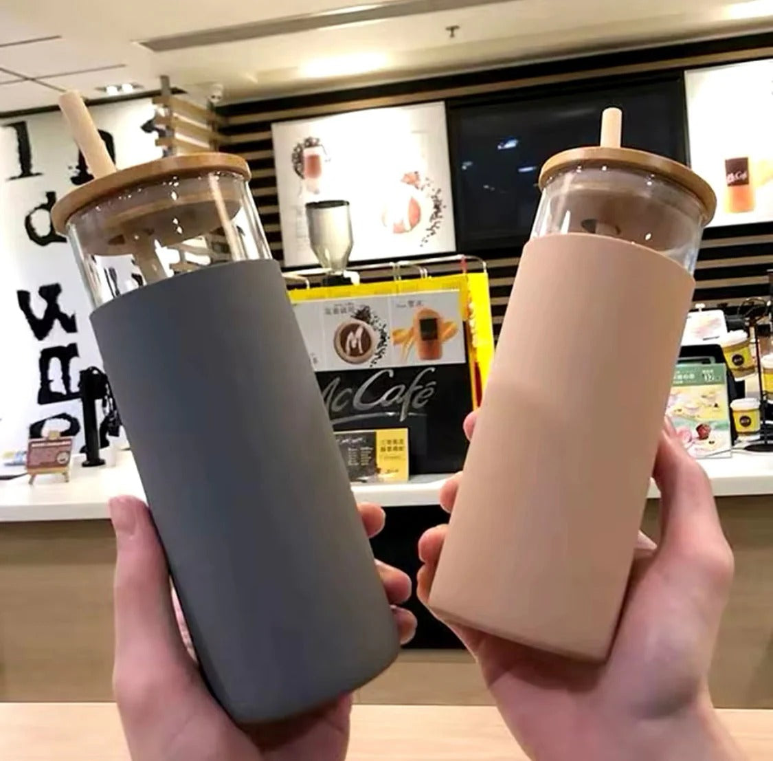 Glass Water Tumbler with Silicone Protective Sleeve Bamboo