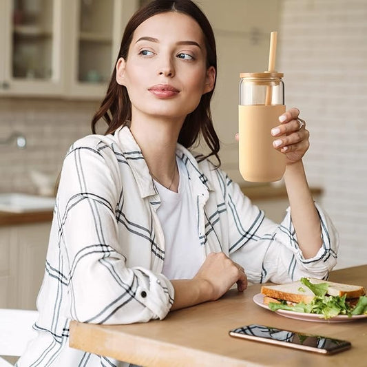 Glass Water Tumbler with Silicone Protective Sleeve Bamboo