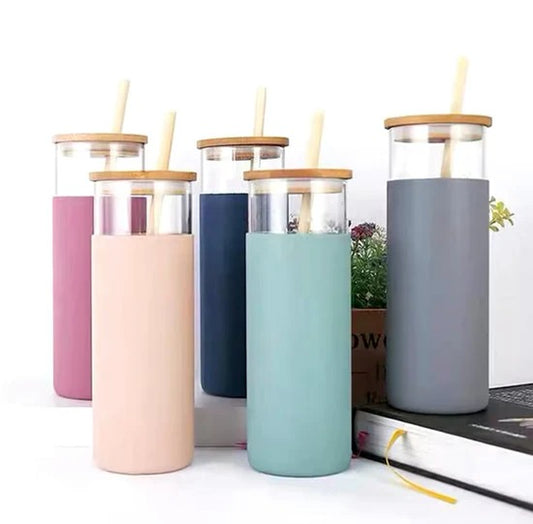 Glass Water Tumbler with Silicone Protective Sleeve Bamboo